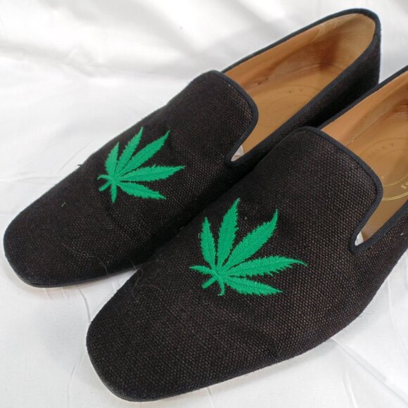 Stubbs & Wootton Bespoke Motif Slipper Loafer Slip On Linen Shoes Pot Leaf Weed - Picture 2 of 6